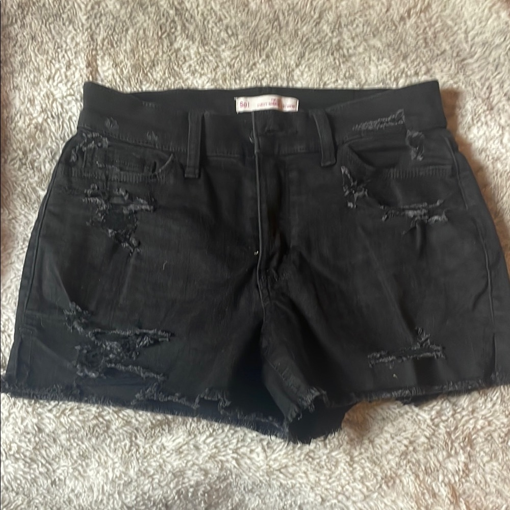 Distressed Black Denim Shorts